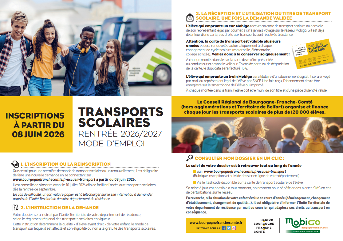 inscription aux transports scolaires pour l'année 2026/2027 